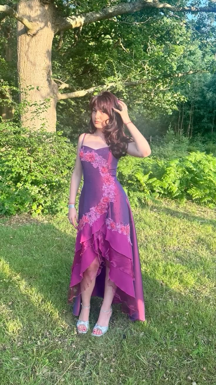 Vintage Plum Satin Beaded Ruffle Long Party Dress Prom Gown With Appliques SP4136