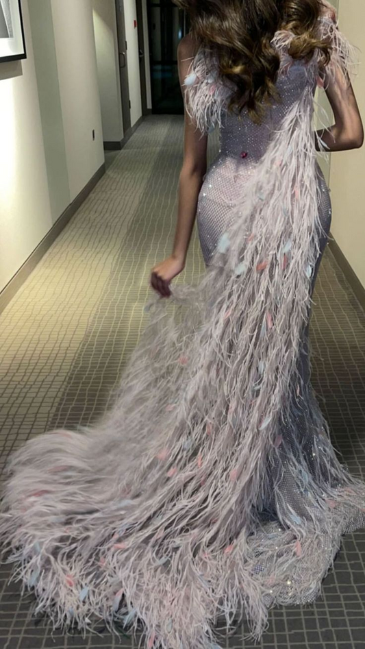 Pretty Light Pink Sequin Feathers Mermaid Long Party Dress Prom Gown SP1120