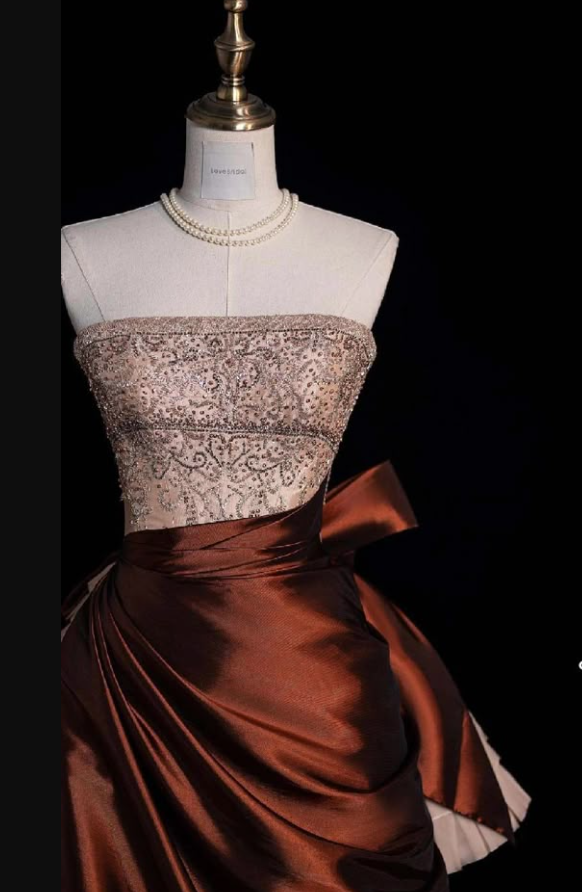 Vintage Strapless Satin Beaded  A Line Evening Dress Prom Gown Y8795