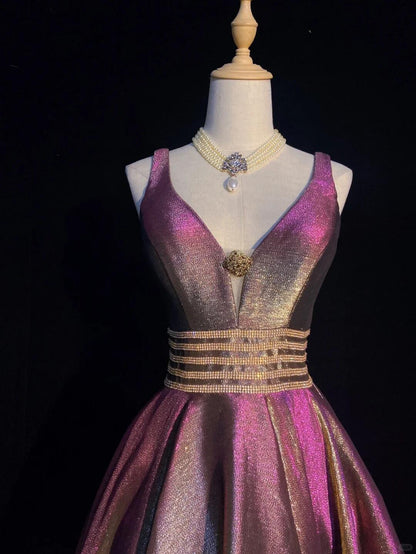 Shiny V Neck Satin Beaded A Line Short Prom Dress,Purple Short 6th Grade Homecoming Dress SP2912