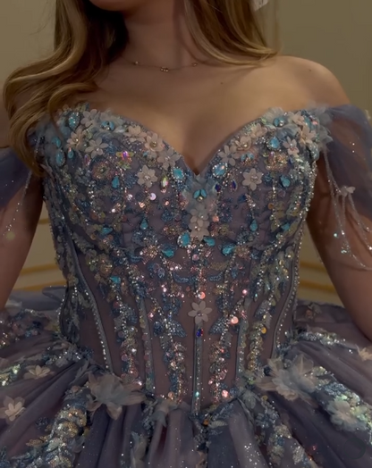 Gorgeous Off The Shoulder Purple Tulle Sequin Appliques Beaded Princess Quinceanera Dress Sweet 16 Dress SP1031