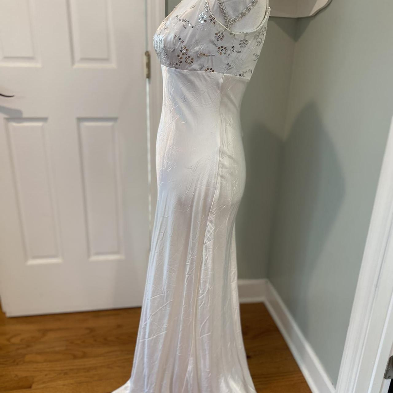 Elegant White Spaghetti Straps Satin Sequin Mermaid Long Wedding Guest Dress Party Dress SP995