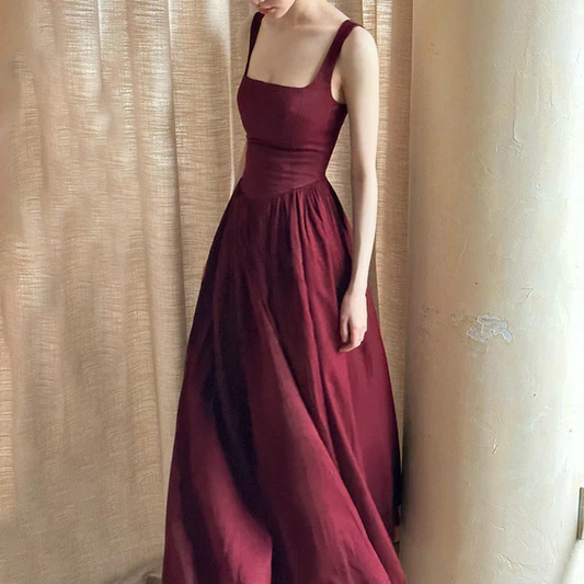 Vintage Square Neck Burgundy Satin A Line Bridesmaid Dress Long wedding Guest Dress SP2133