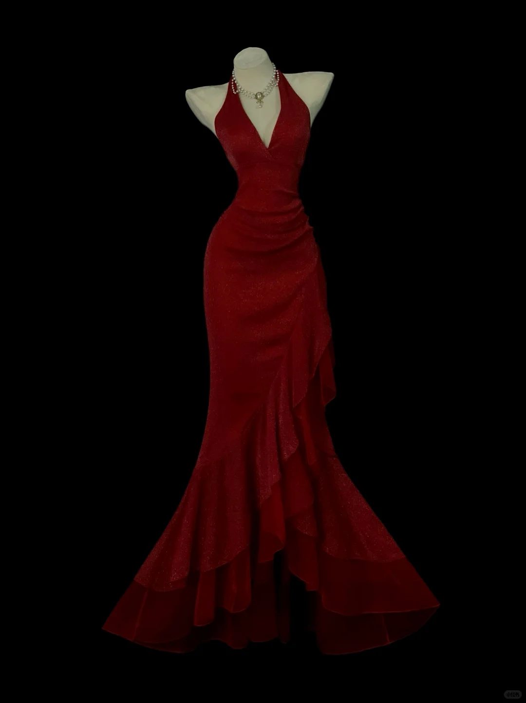 Shiny Halter Satin Sequin Ruffle Mermaid Long Party Dress Red Long Birthday Prom Dress Gown SP4050