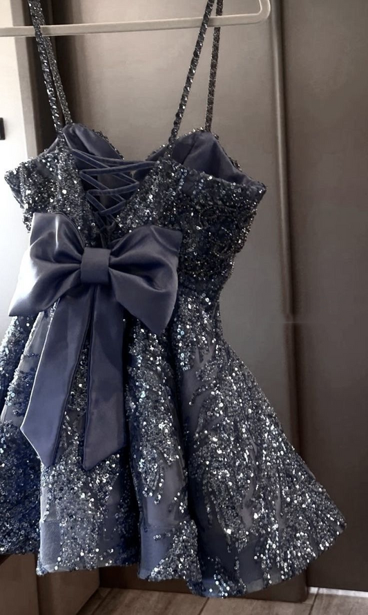 Sparkly Spaghetti Straps Tulle Sequin A Line Short 8th Grade Homecoming Dress,Blue Short Birthday Dress SP3080