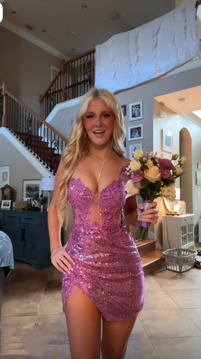 Pretty Purple Sweetheart Neck Sequin Sheath Short Graduation Homecoming Dress,Mini Prom Dress SP3368