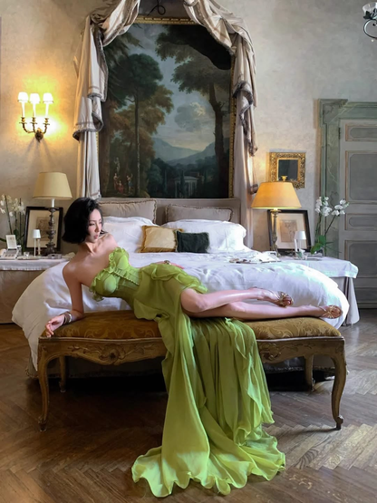 Elegant Green Chiffon Ruffle Slit Long Party Dress,Sweetheart Neck A Line Long Wedding Guest Dress SP3109