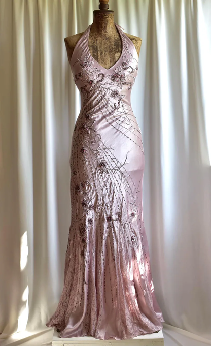 Elegant Halter V Neck Pink Satin Beaded Mermaid Evening Dress Backless Long Prom Dress SP467