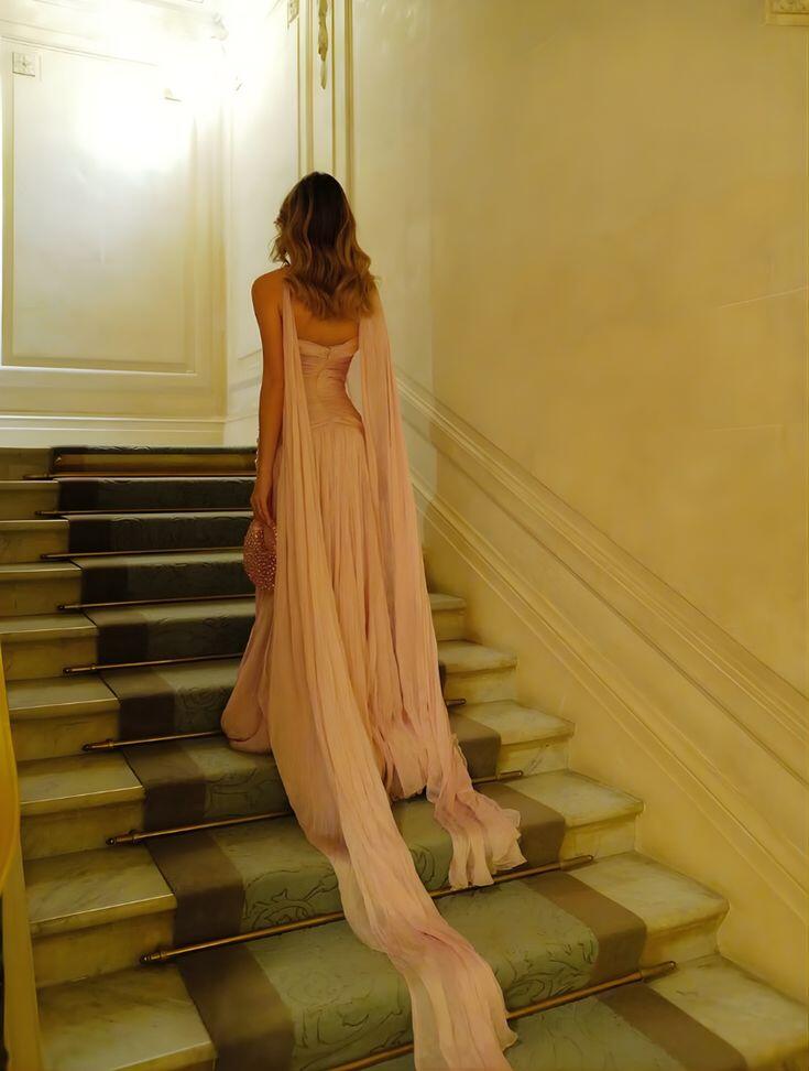 Classy Pink Strapless Tulle Pleated Mermaid Evening Dress Long Wedding Guest Dress SP1145