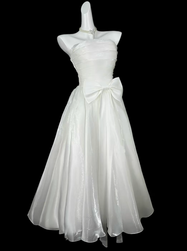 Elegant Strapless Tulle Bow A Line Long Wedding Guest Dress,White Long Party Dress SP3523