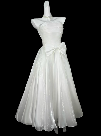 Elegant Strapless Tulle Bow A Line Long Wedding Guest Dress,White Long Party Dress SP3523