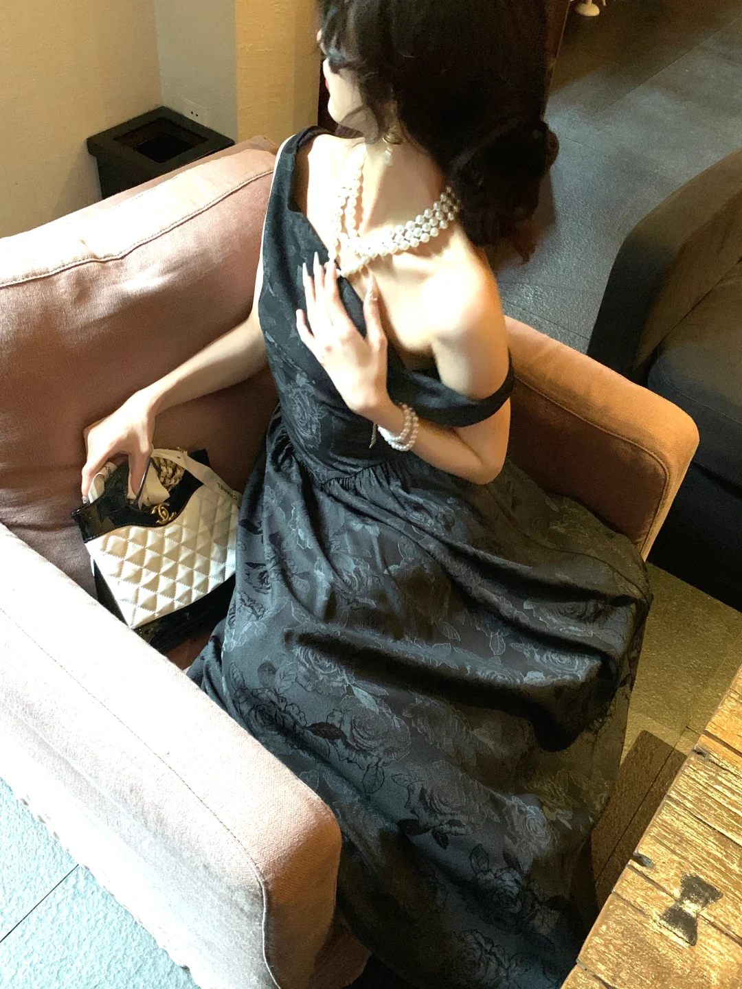 Sexy Off The Shoulder Satin Print Floral A Line Long Prom Dress Black Party Gown SP2066