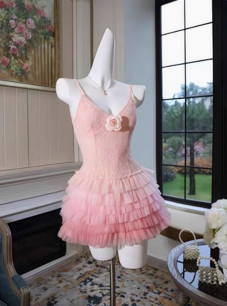 Cute Ombre Pink Lace Tulle V-Neck Princess Homecoming Dress 21th Birthday Outfits Y9570