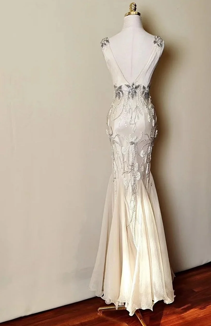 Elegant Light Champagne V-neck Beaded Mermaid Long Prom Dress Party Dress SP3837