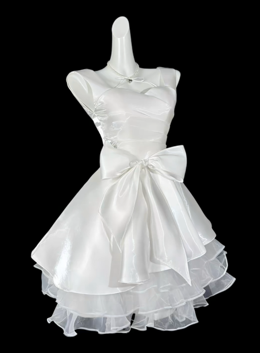 Elegant White Satin Organza Bow A Line Short Homecoming Dress Birthday Outfits SP3501