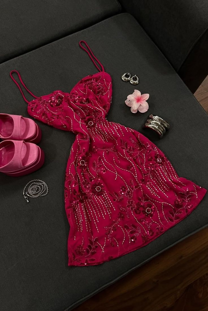 Vintage Rose Red Satin Sequin Beaded Short 9th Grade Homecoming Dress Birthday Outfits SP2783