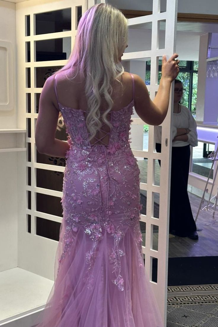 Beautiful Pink Spaghetti Straps Tulle Lace Appliques Mermaid Evening Dress Long Prom Dress Y7851