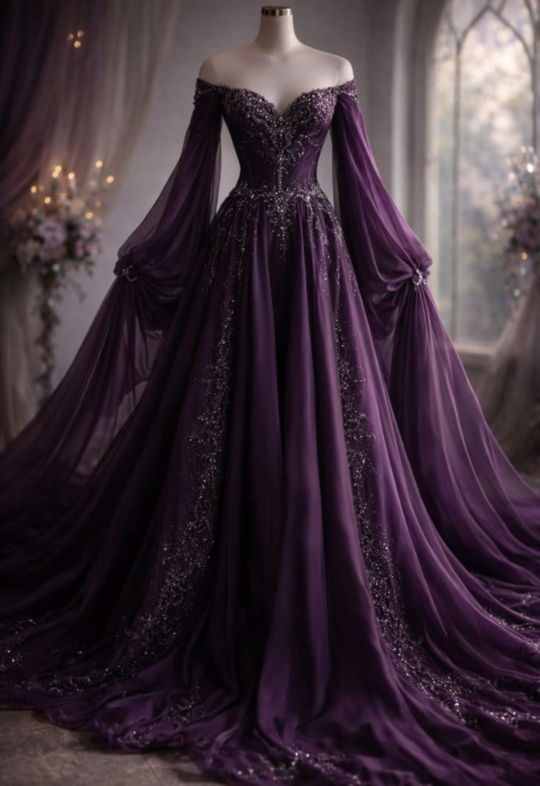 Elegant Off The Shoulder Purple Tulle Chiffon Beaded Quinceanera Dress SP4315