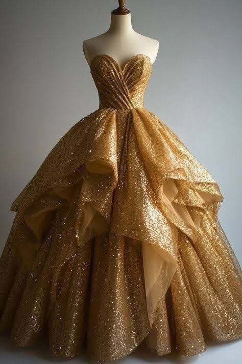 Glitter Gold Sweetheart Neck Tulle Sequin Long Prom Dress Formal Ball Gown SP375