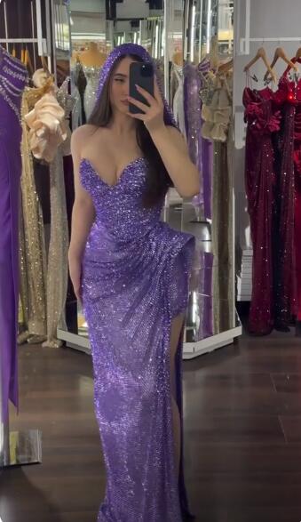 Glitter Sweetheart Neck Purple Sequin Pleated Long  Evening Dress Prom Gown SP3762