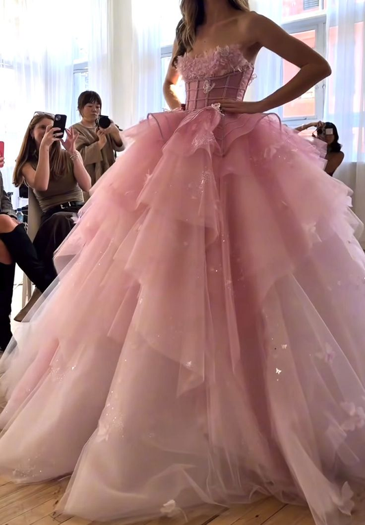 Pretty Strapless Ombre Pink Tulle Sequin Appliques Quinceanera Dress Sweet 16 Dress SP982