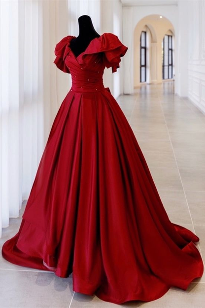 Red Satin Ball Gown With Bell Sleeves And Lace UP Back Long Prom Dress Y6067