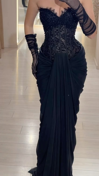 Sexy Black Chiffon Pleated Beaded Sheath Long Party Dress Prom Gown SP4002