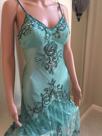 Classy Spaghetti Straps Blue V Neck Satin Lace Beaded Mermaid Party Dress Long Birthday Prom Gown SP814