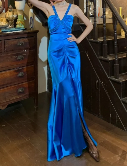 Stunning Prom Dress Royal Blue V-neck Pleated Mermaid Long Evening Dress SP3826