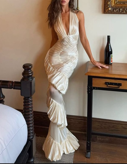 Trendy Halter V Neck Ivory Satin Pleated Ruffled Mermaid Party Dress Backless Long Prom Gown SP577