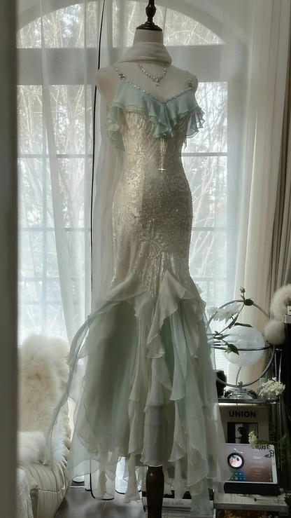 Elegant Green Chiffon Beaded Mermaid Prom Dress Long Party Gowns Y9731