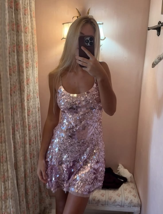 Glitter Pink Sequin Short Graduation Homecoming Dress Spaghetti Straps Mini Prom Dress SP3667