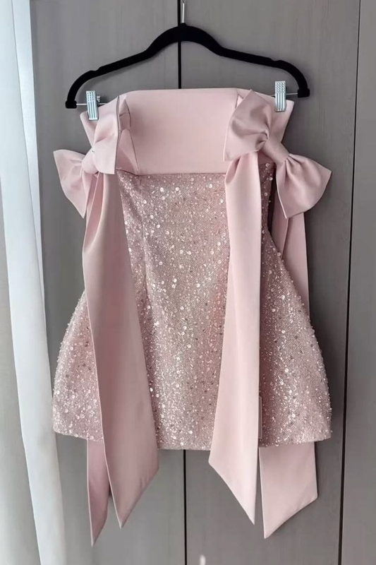 Cute Yellow Satin Sequin Short Homecoming Dress,Bow Straps Mini 19th Birthday Outfits SP3100