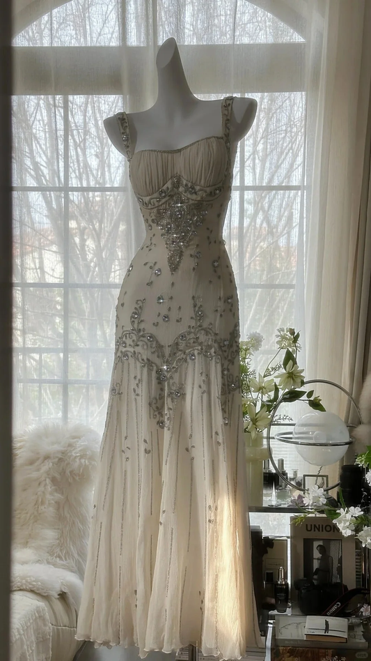 Vintage Light Champagne Chiffon Beaded Long Sleeveless Prom Dress Evening Dress Y9729