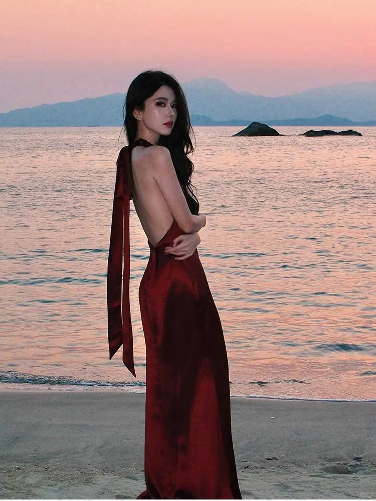 Sexy Halter Sequin Satin Mermaid Long Evening Dress Red Backless Birthday Prom Gowns SP2288