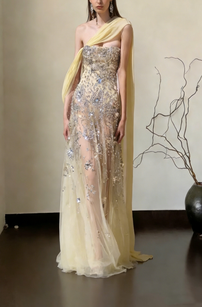 Shiny Yellow Tulle Chiffon Beaded A Line Long Party Dress Birthday Prom Dresses SP1544