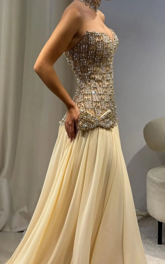Glamorous Strapless Chiffon Beaded Long Evening Dress Yellow Mermaid Long Party Dresses SP4134