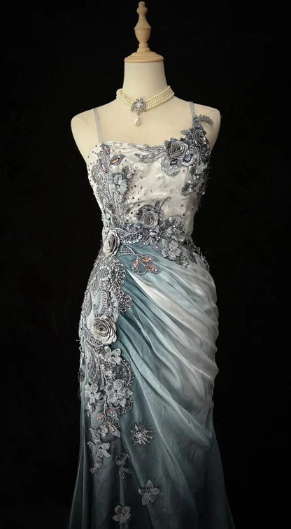 Gorgeous Mermaid Spaghetti Straps Chiffon Lace Appliques Long Prom Dress Evening Dress Y8769