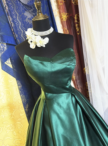 Retro Green Strapless Satin Pleated Ball Gown Long Party Dress Prom Dress SP2194