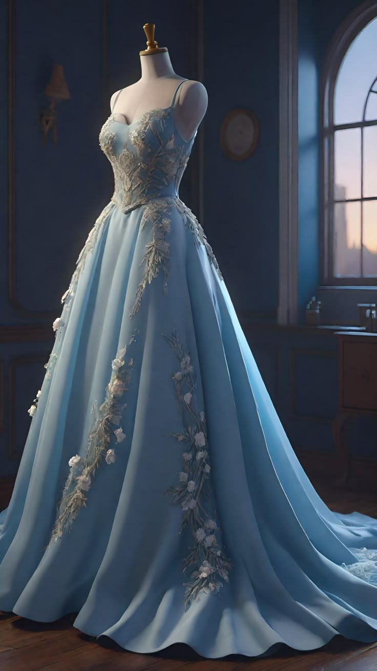 Classy Spaghetti Straps Satin Appliques Prom Dress,Blue A Line Long Evening Dress Y8396