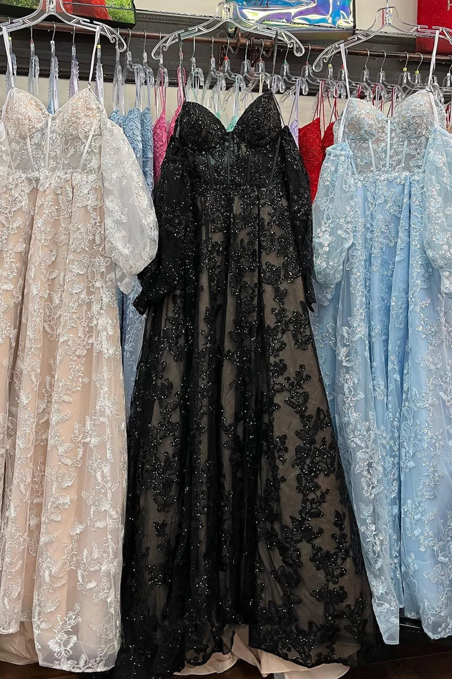 Sparkle Princess Bustier Puff Sleeve Lace Long Prom Dress Detachable Sleeves Evening Dress  Y1805