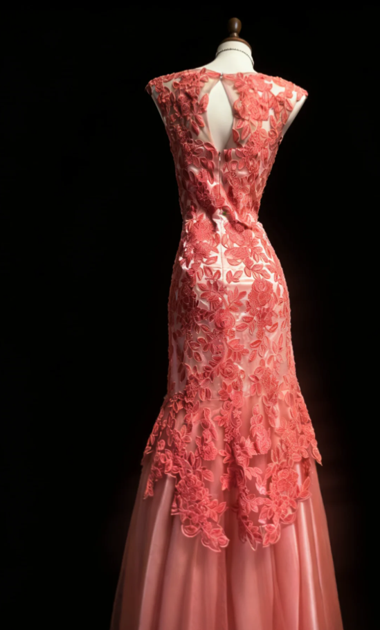 Pretty Rose Pink Sleeveless Tulle Rose Floral Lace Mermaid Long Party Dress Evening Gown SP1588