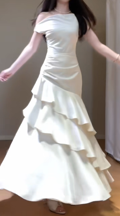 Elegant Off The Shoulder White Satin Ruffles Mermaid Party Dress Long Wedding Guest Dress SP422