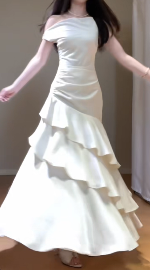 Elegant Off The Shoulder White Satin Ruffles Mermaid Party Dress Long Wedding Guest Dress SP422