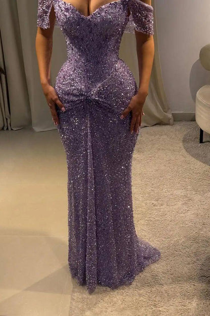 Shiny Purple Tulle Beaded Mermaid Long Party Dress,Off The Shoulder Long Wedding Guest Dress SP3407