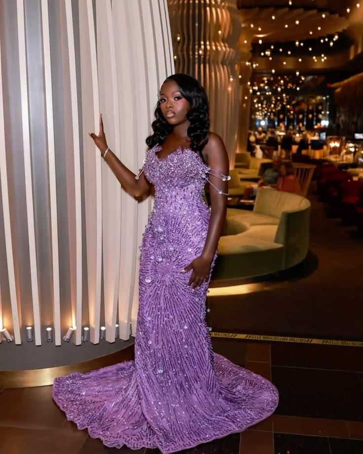 Gorgeous Off The Shoulder Satin Sequin Beaded Mermaid Long Party Dress Purple Long Birthday Prom Dress SP3892