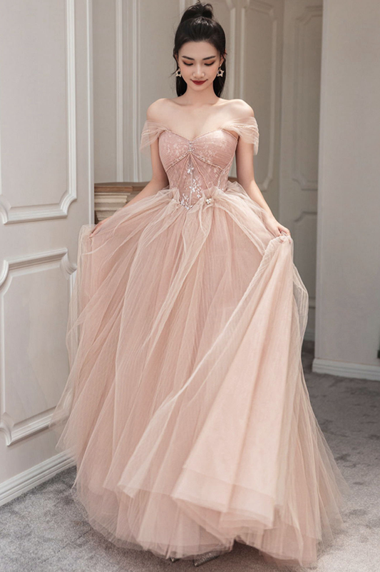 Pink Tulle Long Prom Dress Pink Evening Dress Y1825