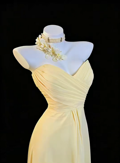 Pretty Yellow Strapless Chiffon Pleated A Line Long Prom Dress Party Gown SP2767