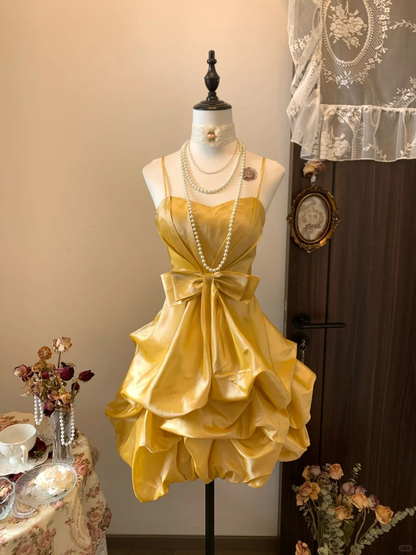 Cute Spaghetti Strap Yellow Satin Pleated Short 7th Grade Homecoming Dress Cocktail Dress Y9725