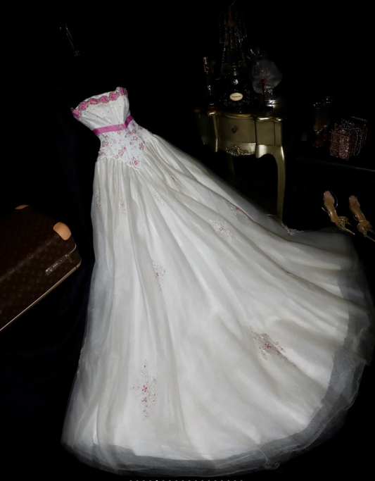 Cute White Strapless Tulle Beaded Mermaid Evening Dress Princess Birthday Prom Dress SP783